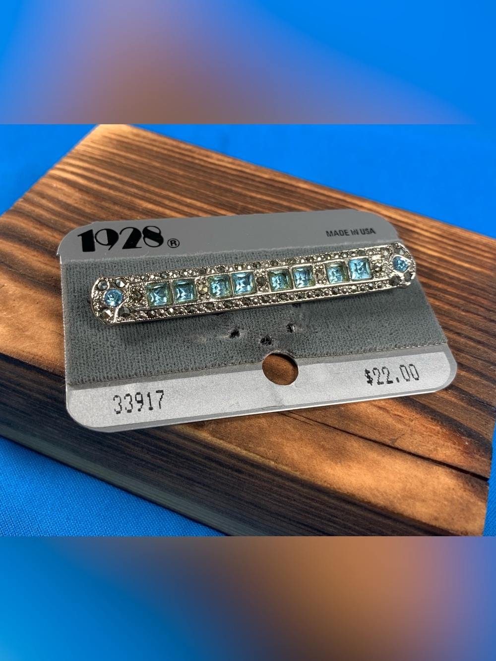Vintage 1928 Silver Bar Blue Stone Marcasite Pin Brooch Art Deco Revival